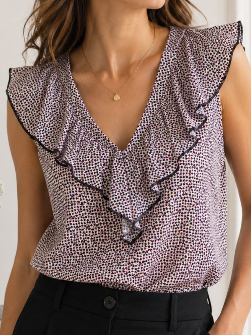 CAbi Stellar Top Star Print Ruffle V-Neck Sleeveless Blouse Medium #3983